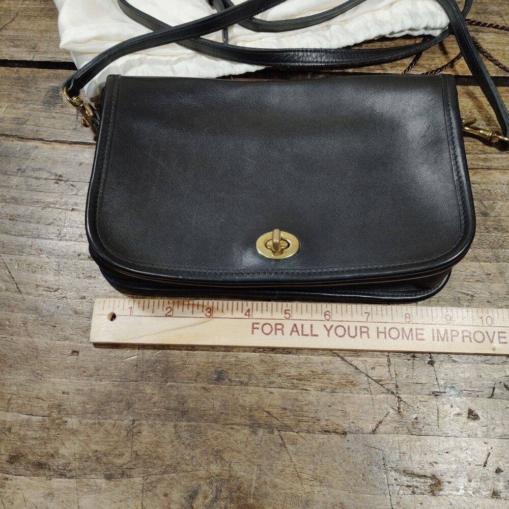 Vintage Coach Bag Purse Pocket Crossbody Black Leather 9755 Strap Dust Bag Tag - Picture 12 of 14